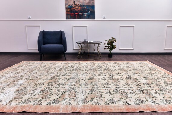 7x11 Vintage Floral Rug, 7x11 Terracotta Green Rug, 7x10 Floral Area Rug, 7x10 Living Room Rug, 7x10 Faded  Rug, Handmade Large Area Rug