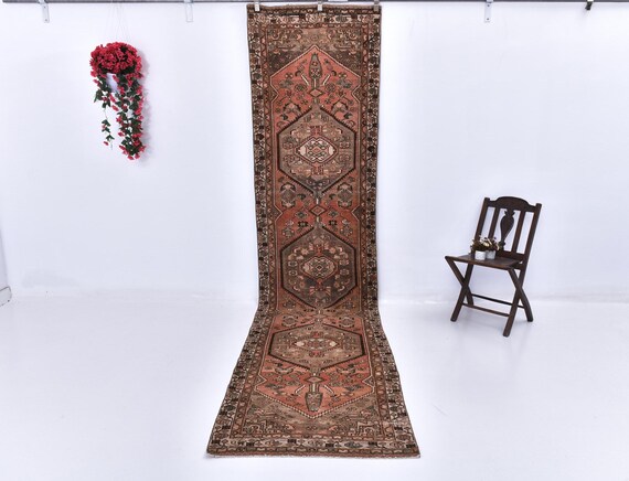 3x13 Red & Brown Persian Runner Rug, 3x13 Persian Runner 3x13 Rug Handmade Wool Rug 3x13 Runner Rug 3x13 Vintage Runner Rugs For Hallway Rug
