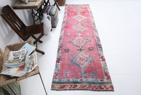 3x11 Vintage Pink Herki Runner Rug  3x11, Herki Handmade Wool Rug, 3x11 Runner Rug, Wool Runner Rug, 3x11 Rugs, Turkish Runner