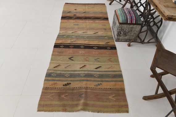 3x9 Runner Rug, 3x9 Kilim Runner, 3x9 MODERN KILIM RUNNER Rug, 3x9, Wool Handmade Kilim ,Shades Brown & Pastel Kilim, 3x9 Rugs, Antique 54s