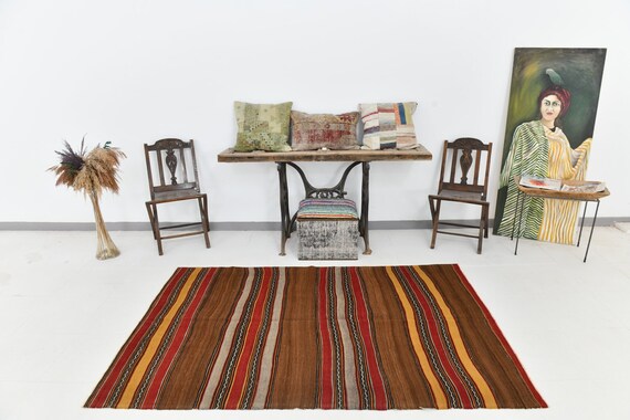4x7 Area Rug, 4x7 Striped Kilim, 4x7 ETHNIC ECLECTIC KILIM Rug, 4x7, Vintage Handwoven Kilim, 4x7 Rug, Red & Brown Kilim, Bohemian Foyer