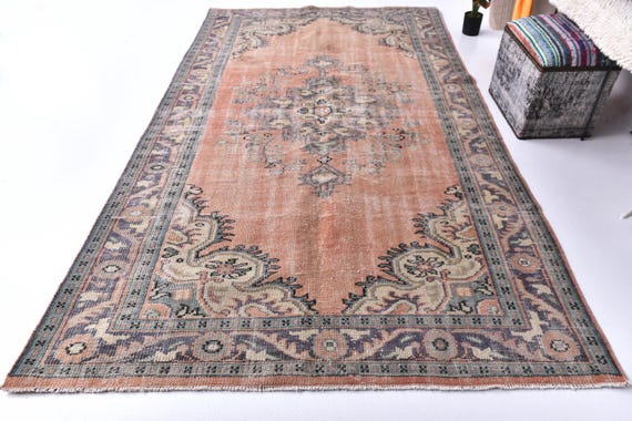 5x8 Vintage Distressed Area Rug, 5x8 Orange Green Color Rug, 5x8 Handmade Wool Rug, Medallion Design, Farmhouse Decor, Living Room Rug, Gift