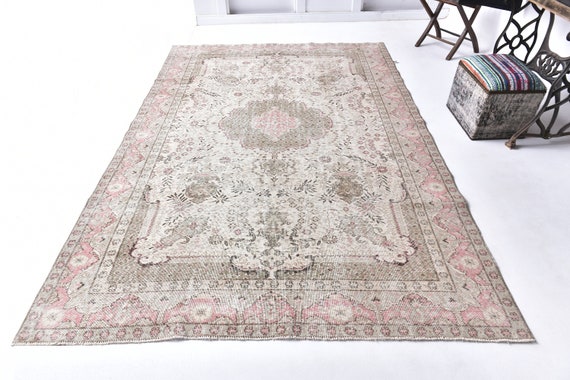 7x10 Pink Brown Vintage Unique Rug, 7x10 Unique Rug, 7x10 Rug, Retro Handmade Wool Rug, 7x10 Area Rug, Unique Rug 7x10, Rug For Bedroom
