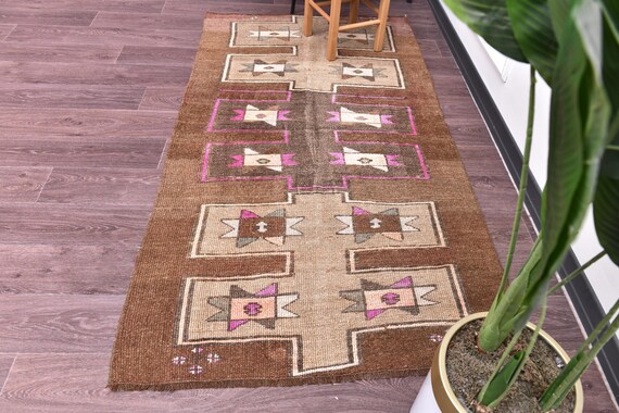 4x7 Vintage Handmade Traditional Turkish Brown Accent Rug, Pink Brown Color