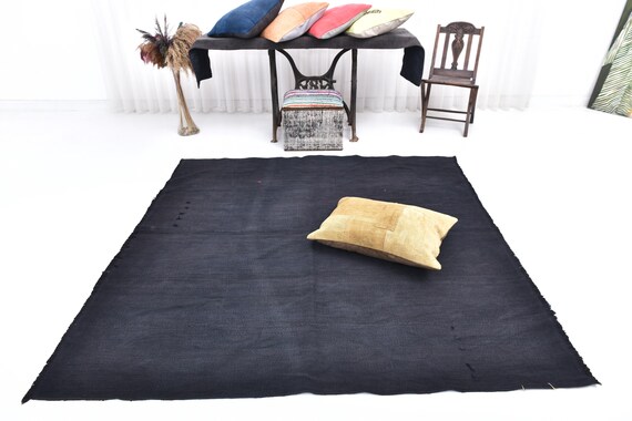 7x7 Dark Blue And Dark Gray Hemp Rug, 7x7 Hemp Rug, 7x7 Fringed Handmade Hemp Rug, 7x7 Area Rug, Bohemian Eclectic Style, Farmhouse Decor