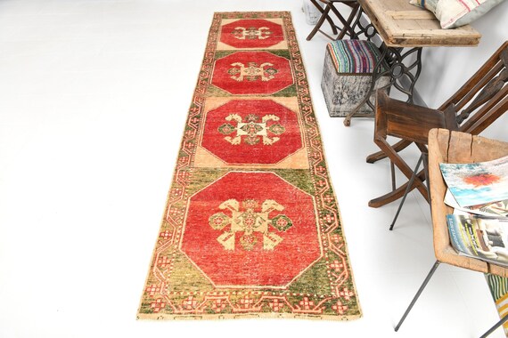 3x12 Persian Runner Rug, 3x12 Red & Green Persian Runner Rug, 3x12 Rug, Long Handmade Wool Rug, 3x12 Vintage Runner, Rug For Hallway Entry