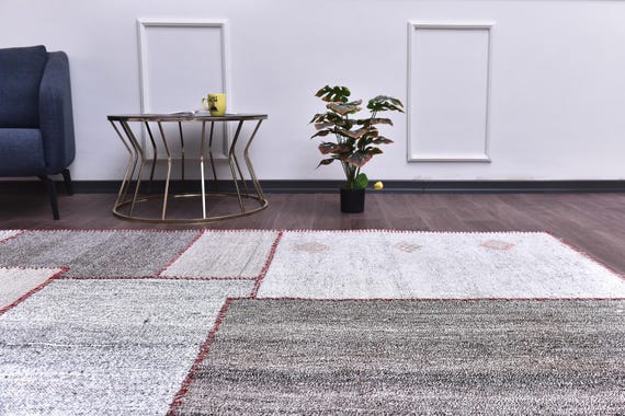 8x10 Patchwork Kilim Area Rug, 8x10 Gray Color, 8x10 Large Area Rug, Wool Handmade Kilims, Rugs 8x10, Neutral Rug, Tribal Kilim Rug