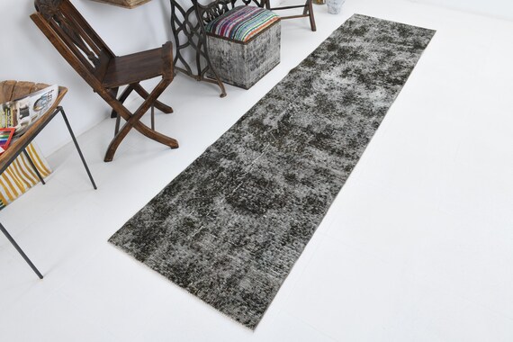 2x10 VINTAGE RUNNER, 2x10 Turkish Vintage Runner Rug 2x10 Narrow Handmade Wool Rug 2x10 Runner Rug Black Gray Carpet 2x10 Turkish Runner 56s