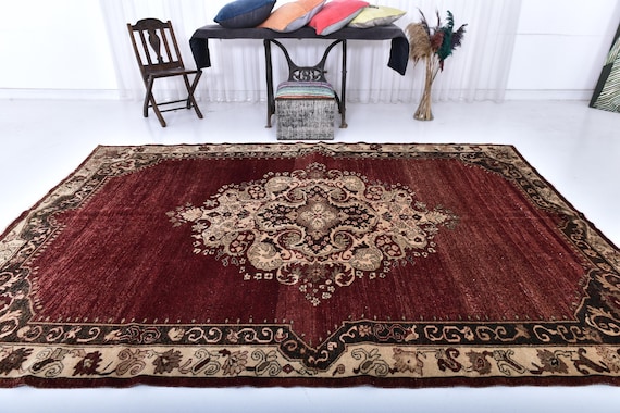 Antique Vintage Turkish Rug, 7x11 Area Rug, 1955's Rug, Bohemian - Decor Rug, 7x11 Oversize Rug, Extra Large Area Rug, Vivid Red Color Rugs,
