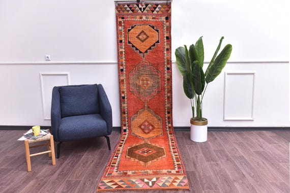 3x11 Vintage Tribal Runner Rug, Red Brown Orange Color, Handmade Wool Rug, 3x11 Hallway Kithcen Rug, Soft Wool Rug, 3x11 Traditional Rug