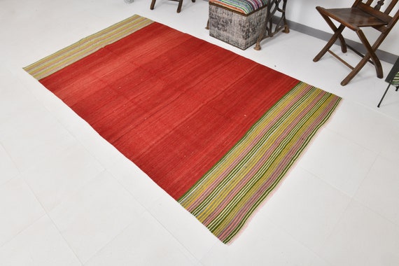 4x8 Vintage Red Green Kilim Rug, Traditional Kilim Rug, 4x8 Vintage Style Home Decor, Red Rug, Striped Kilim Rug, 4x8 Area Rug