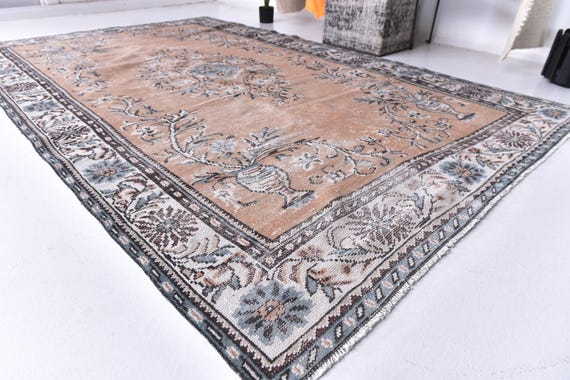 6x9 Faded Turkish Rug, 6x9 Vase Motif, Handmade Wool Rug, 6x9 Muted Orange Blue Rug, Living Room Rug, Farmhouse Decor 6x9 Vintage Area Rug