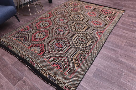 6x9 Vintage Turkish Geometric Kilim Rug, Handwoven Wool Jute Rug, Blue Pink Brown Color, 6x9 Traditional Kilim Rug, Farmhouse Decor 6x9 Rugs