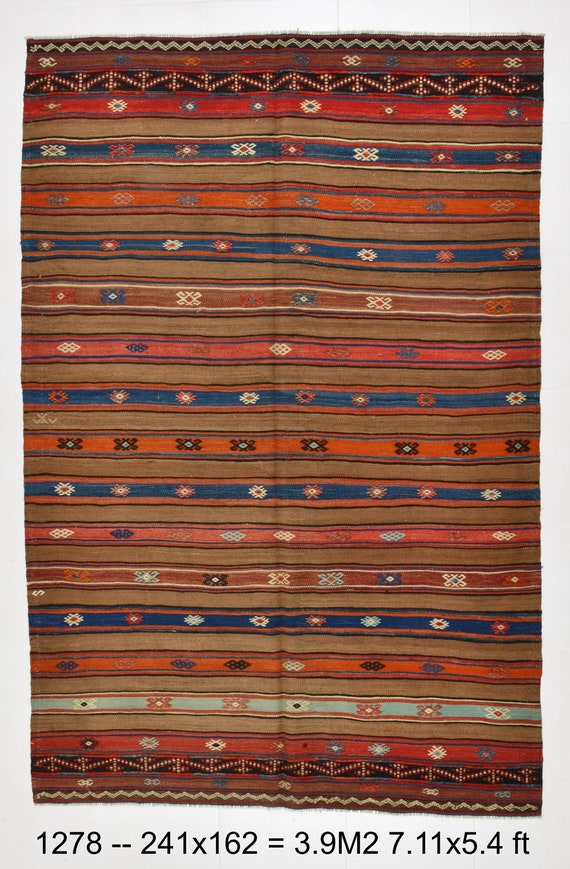 5x8 Area Rug, 5x8 ANTIQUE STRIPED KILIM Rug, 5x8, Red & Brown Kilim Rug, Wool Handmade Oushak Kilim, Kilim Rug 5x9, Rug For Farmhouse 60s