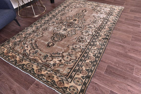 5x9 Vintage Turkish Brown Rug, Handamde Wool, Traditional Pattern, 5x9 Brown Green Color, 5x9 Rustic Home Decor, 5x9 Living Room Bedroom Rug