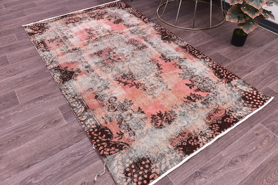 4x6 Vintage Salmon Accent Rug, Salmon Color, 4x6 Distressed Area Rug, Handmade Wool Rug, 4x6 Faded Rug, Oriental Rug 4x6 Area Rug