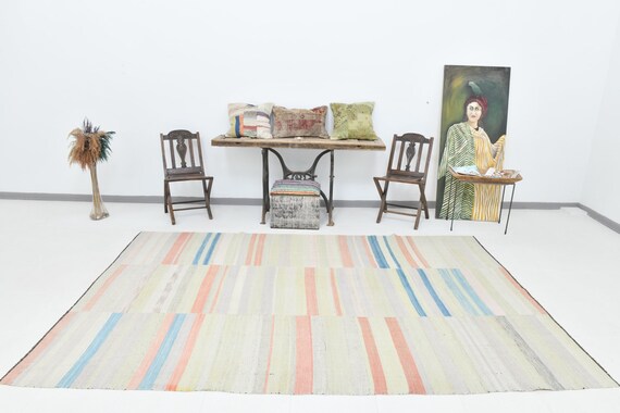 6x10 Blue & Cream Kilim Rug, 6x10 Kilim Rug, Wool Handmade Kilim, 6x10 Rug, Striped Bohemian Style, Rug For Living Room, Anatolian 60s