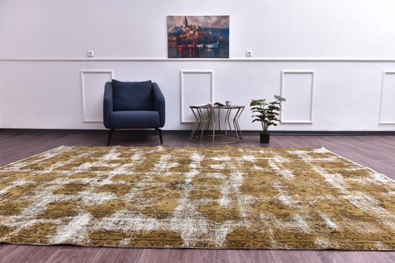 7x10 Vintage Faded Rug, Mustard Brown Color, 7x10 Floral Area Rug, 7x10 Living Room Rug, 7x10 Faded Distressed Rug, 7x10 Handmade Area Rug