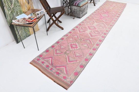 3x13 Pink Vintage Runner, 3x13 Long Soft Vintage Runner Rug, 3x13, Handmade Wool Oushak, 3x13 Rugs, Pink Runner, 3x13 Turkish Runner, 60s