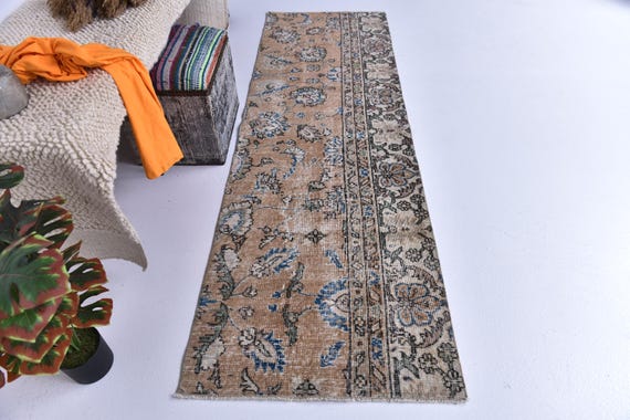 2x8 Vintage Turkish Floral Runner Rug, 2x8 Copper Blue Color, Handmade Runner Rug, Vintage Home Decor, Farmhouse Rug, 2x8 Hallway Runner