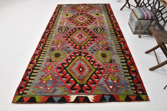 5x10 Area Rug, 5x10 TURKISH VINTAGE KILIM Rug, 5x10 ,Geometric Kilim Rug, Wool Handmade Oushak Kilim, Rugs 5x10, İndian Blue Kilim, Antique