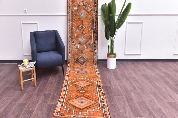3x13 Vintage Wool Runner Rug, Peach Orange Black Color, Hallway Kithcen Rug, Handmade Soft Wool-Turkish