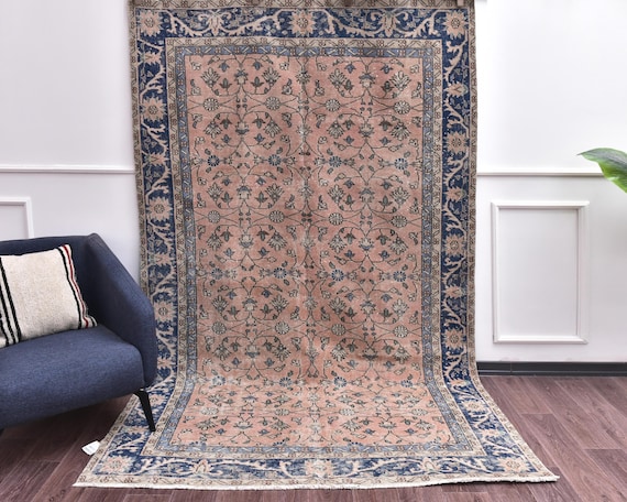 6x9 Vintage Wool Faded Floral Handmade Rug, Salmon Blue Color,