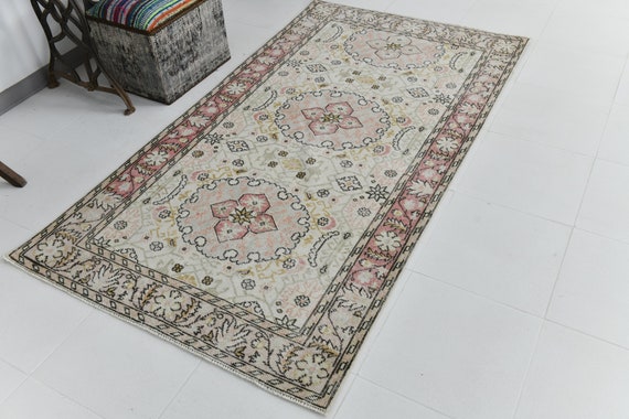 4x7 TURKISH VINTAGE AREA Rug, Shades Of Beige & Black Floral Styles Vintage Rugs Wool Handmade Modern Rustic Carpet Rug For Farmhouse Kilim