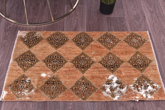 2x3 Vintage Doormat Rug, Terracotta Brown Color, 2x3 Rug, Small Handmade Wool Rug, 2x3 Turkish Rug, Rug For Bedroom Accent Bathmat,