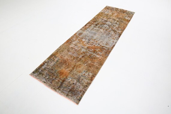 3x9 Vintage Runner Rug, 3x9 Green Earth Tone Vintage Runner Rug, 3x9 Rugs, Oushak Handmade Rug, 3x9 Turkish Runner, Rug For Kitchen, Antique