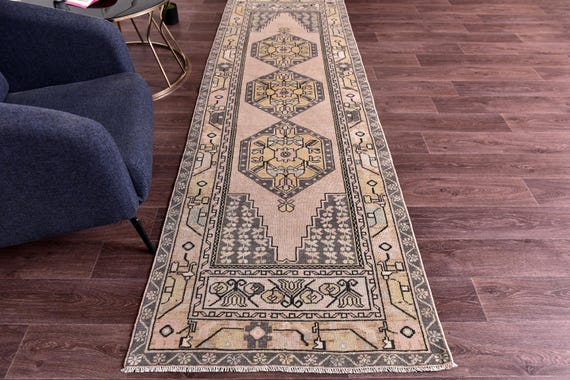 3x10 Runner Rug, 3x10 Lond Wide Runner Rug, 3x10 Runner Rug, Handmade Wool Rug, 3x10 Rug, Pink & Gray Runner, Rug For Unique Hall