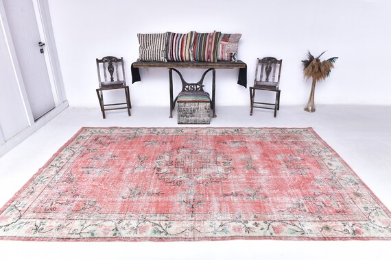 7x10 Peach Red Oversize Vintage Rug, Oversize Vintage Rug, Large Area Rug, Retro Handmade Wool Rug, 7x10 Rugs, Peach Red Rug, Antique 55s