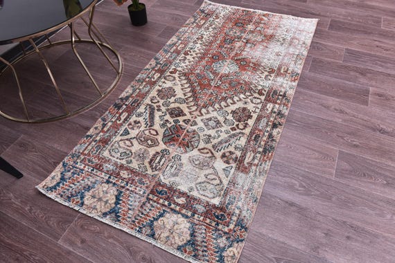 3x5 Vintage Faded Accent Rug, Traditional Turkish Rug, 3x5 Burgundy Cream Blue Color, Handmade Wool Rug, 3x5 Doormat Rug, Small Runner Rug