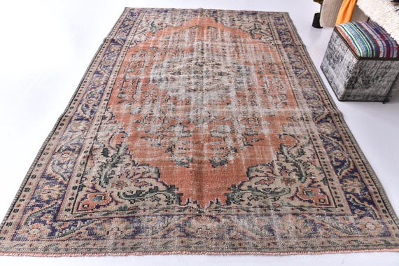 6x9 Vintage Faded Turkish Rug, 6x9 Handmade Wool Rug, 6x9 Muted Orange Color Rug, Living Room Rug, Farmhouse Decor 6x9 Rug, Vintage Area Rug