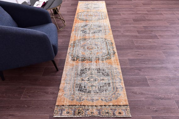 2x11 Vintage Faded Turkish Runner Rug, Muted Terracotta Green Color, 2x11 Handmade Wool Rug, Hallway Kitchen Runner Rug, 2x11 Rugs