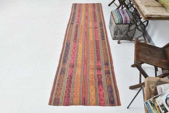 3x9 Abstract Vintage Kilim Runner Rug, Handwoven Wool Kilims, Shades Of Multicolor Kilim, Turkish Runner Rugs, 3x9, Rug For Entrway Kitchen