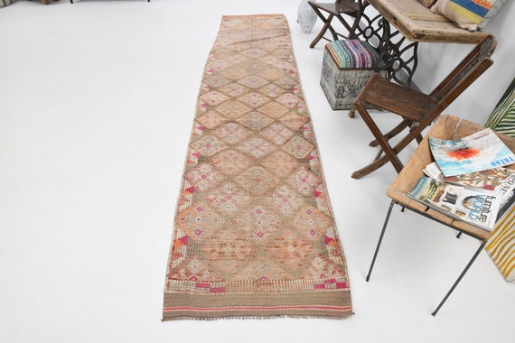 3x14 Turkish Vintage Wool Rug Turkish Runner 3x14 Handmade Oushak Rug Runner Rug 3x14 Long Hallway Rug Mid Ceuntry Vintage Rug 2.10x13.5 Ft