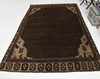 Alfombra turca vintage marrón de 6x9, alfombra vintage de 6x9, alfombra de lana hecha a mano única de 6x9, alfombra marrón oscuro de 6x9 para sala de estar antigua