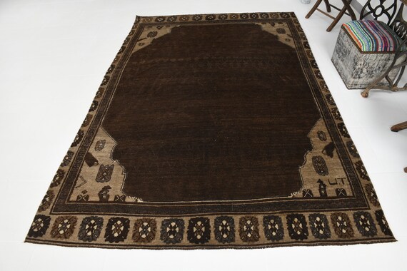 6x9 Brown Turkish Vintage Rug, 6x9 Vintage Rug 6x9 Wool Handmade Persian 6x9 Rugs Dark Brown Carpet 6x9 Vintage Rugs For Living Room Antique