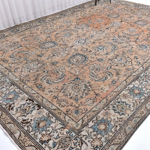 10x13 Elegant Antique Persian Area Rug, 10x13 Vintage Hand Knotted Wool Rug, Salmon Blue Traditional Oriental Decor, 10x13 Dining Areas Rug