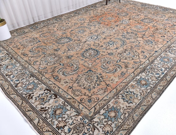 10x13 Elegant Antique Persian Area Rug, 10x13 Vintage Hand Knotted Wool Rug, Salmon Blue Traditional Oriental Decor, 10x13 Dining Areas Rug