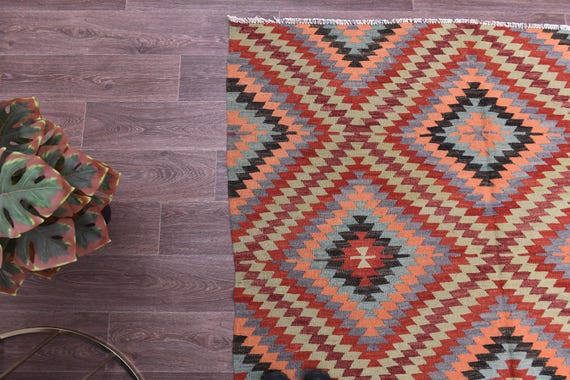5x11 Vintage Turkish Kilim Rug, 5x11 Rug, Orange Blue Red Color, 5x11 Handmade Wool Jute Rug, Traditional Turkish Rug, 5x11 Large Area Rug,