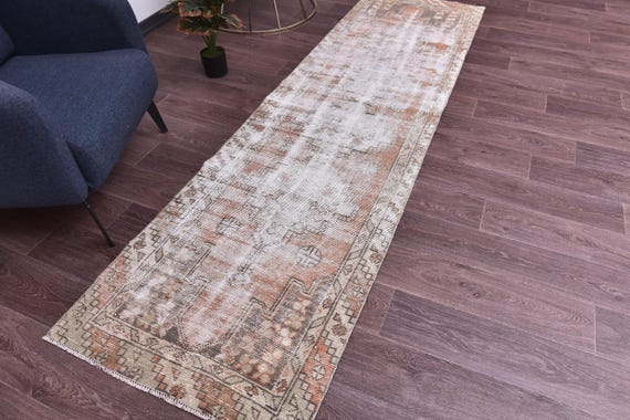 2x9 Vintage Faded Oushak Runner Rug, Handmade Wool Rug, 2x9 Cream Red Color, 2x9 Floral Hallway Rug 2x9 Kithcen Runner Rug Farmhouse Style