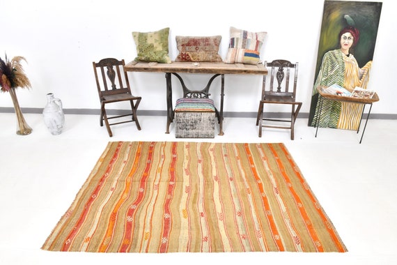 5x7 Area Rug, 5x7 Soft Kilim, 5x7 Vintage Turkish Kilim Rug, 5x7, Handmade Wool Rug, 5x7 Rug, Orange Brown Kilim, Ethnic Bohemian, 5.1x6.7Ft