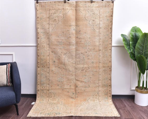 5x8 Neutral Vintage Handmade Turkish Distressed Living Room Rug, Outlet, Pastel Color
