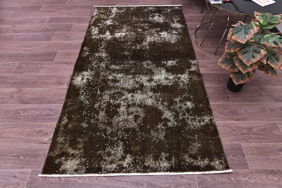 4x7 Handmade Vintage Accent Rug, Overdyed Traditional Turkish, Living Room Bedroom Rug, Green Brown Color