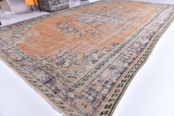 6x9 Vintage Faded Rug, Orange Blue Color, 6x9 Area Rug, Farmhouse Decor, Botanical Design Rug, 6x9 Rug, Living Room Rug,