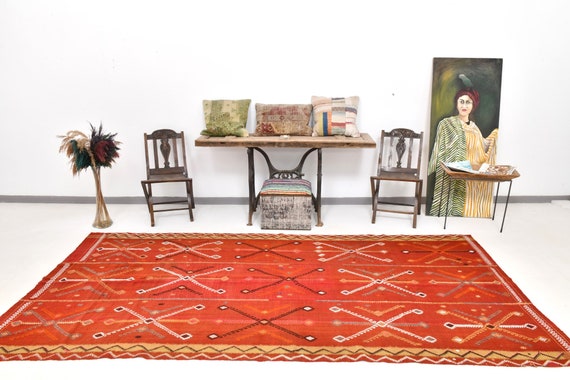 5x11 Area Rug, 5x11 Long Wide Kilim, 5x11 Vintage Turkish Red Kilim Rug, 5x11, Wool Handwoven Kilim, 5x11 Kilim Rug, Red Orange Rug, Antique