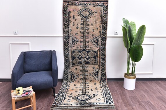 3x9 Handwoven Vintage  Runner Rug, Taupe Blue Color, Hallway Kithcen Runner, Traditional Pattern, Soft Wool Anatolian Rug