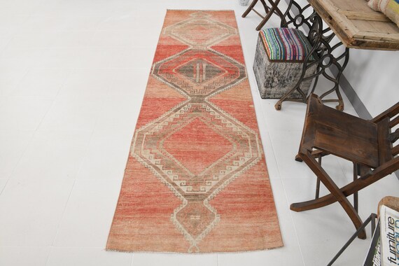 Vintage Runner Rug - 3x10 Pale Red Beige Vintage Runner Rug - 3x10 - Aesthetic Handmade Rug - 3x10 Runner Rug - 3x10 Turkish Runner - Gifts